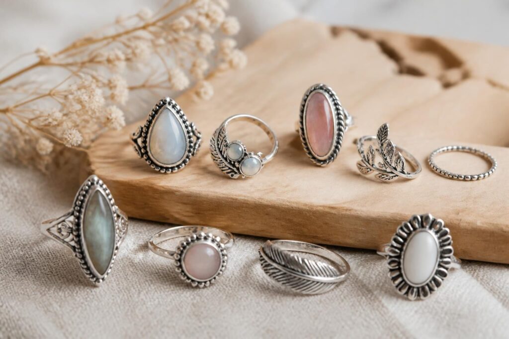 découvrez notre collection de bijoux bohème en argent 925 pour femmes, avec des bagues et créations boho tendance alliant élégance et style unique.