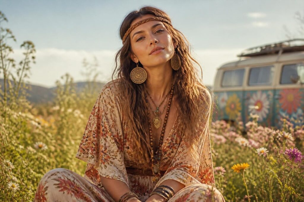 adoptez le style bohème des années 70 avec notre guide du look hippie 70's femme : des tenues fluides, accessoires vintage et esprit libre pour un look rétro et tendance.