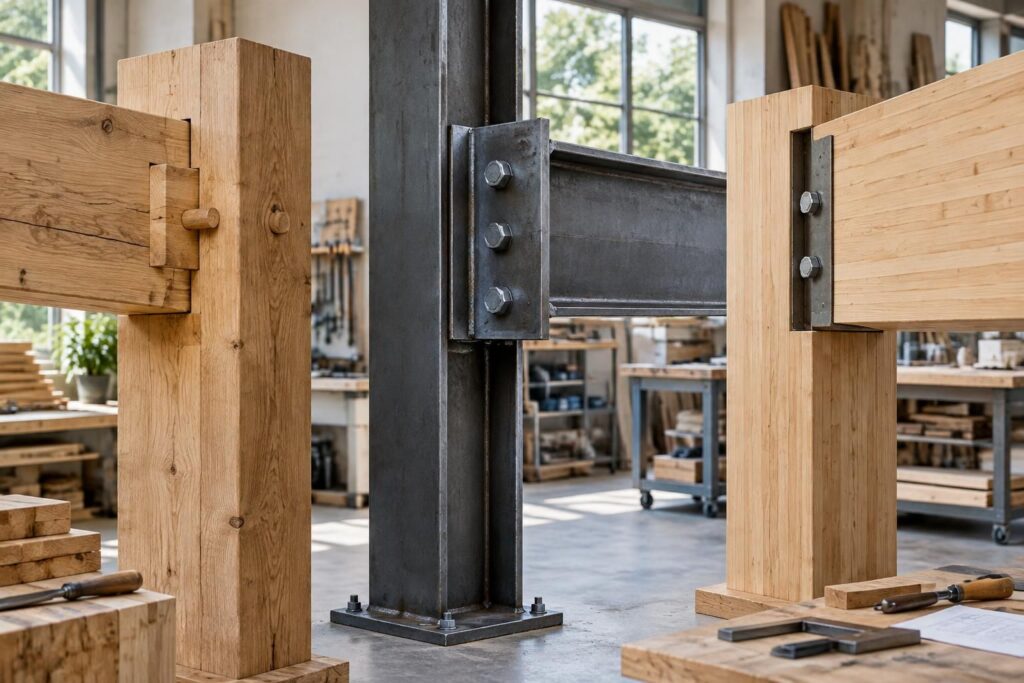 découvrez les techniques d’assemblage poutre-poteau en bois, métal et lamellé-collé, avec leurs spécificités pour choisir la solution adaptée à votre projet.