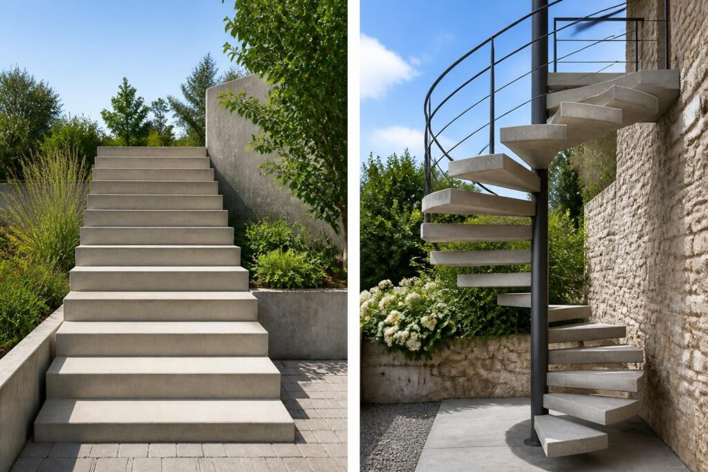Escalier en béton préfabriqué : prix, modèles droits et colimaçon en extérieur