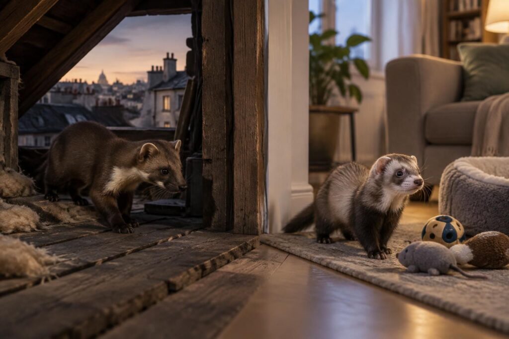 fouine ou furet : apprenez à les différencier et découvrez pourquoi une fouine peut s’installer dans une maison ou en ville.
