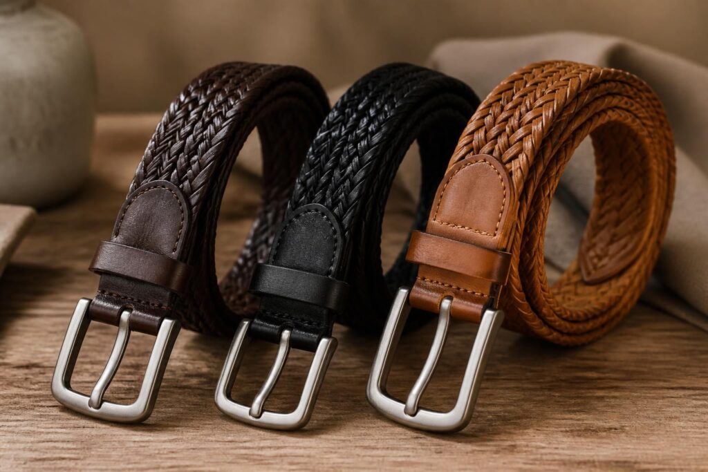 découvrez notre sélection élégante de ceintures tressées en cuir pour homme, disponibles en marron, noir et camel. l'accessoire idéal pour compléter votre tenue avec style et authenticité.