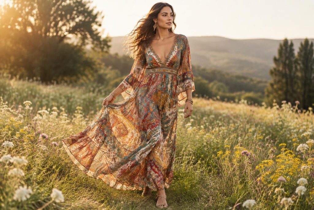 découvrez comment adopter la robe longue gitane bohème : matières fluides, couleurs vibrantes et conseils pour créer un style libre, féminin et plein de caractère.